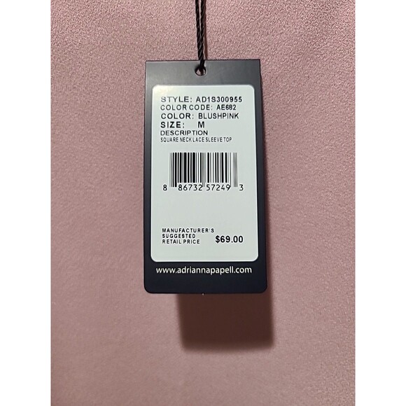 NWT $69 Adrianna Papell Blush Pink Square Neck Slinky Puff Lace Short Sleeve Top - Picture 3 of 9